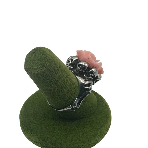 Gothic Pink Rose Skull-Themed Ring With Silver Band - Picture 4 of 7